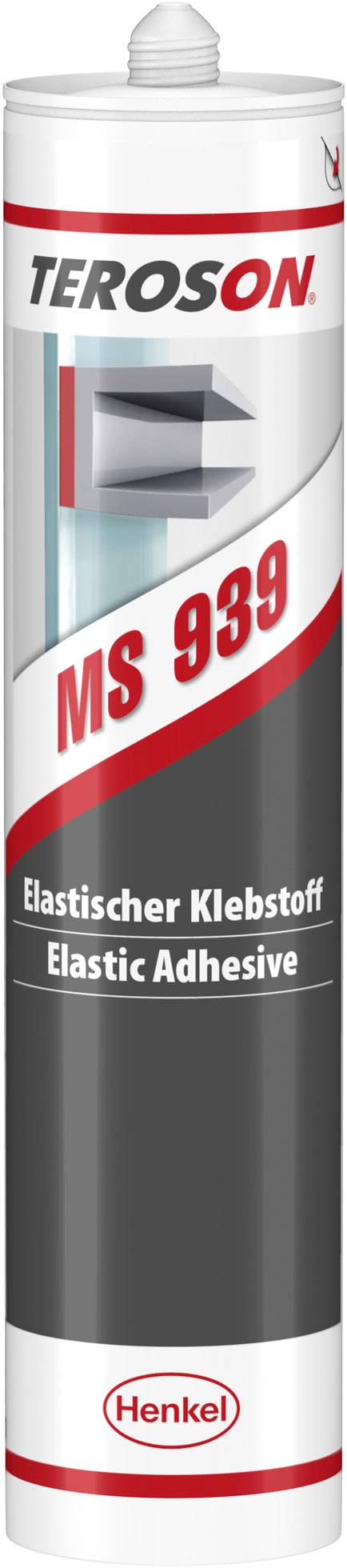 'TEROSON MS 939 elastischer Klebstoff' auf Kartuschenverpackung. Weißer Spender mit rotem und grauem Etikett. Marke Henkel.