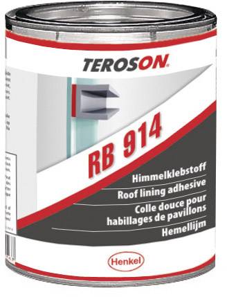 'TEROSON RB 914' Dose mit Etikett für Himmelklebstoff. Enthält Beschreibungen auf mehreren Sprachen und das Henkel-Logo.
