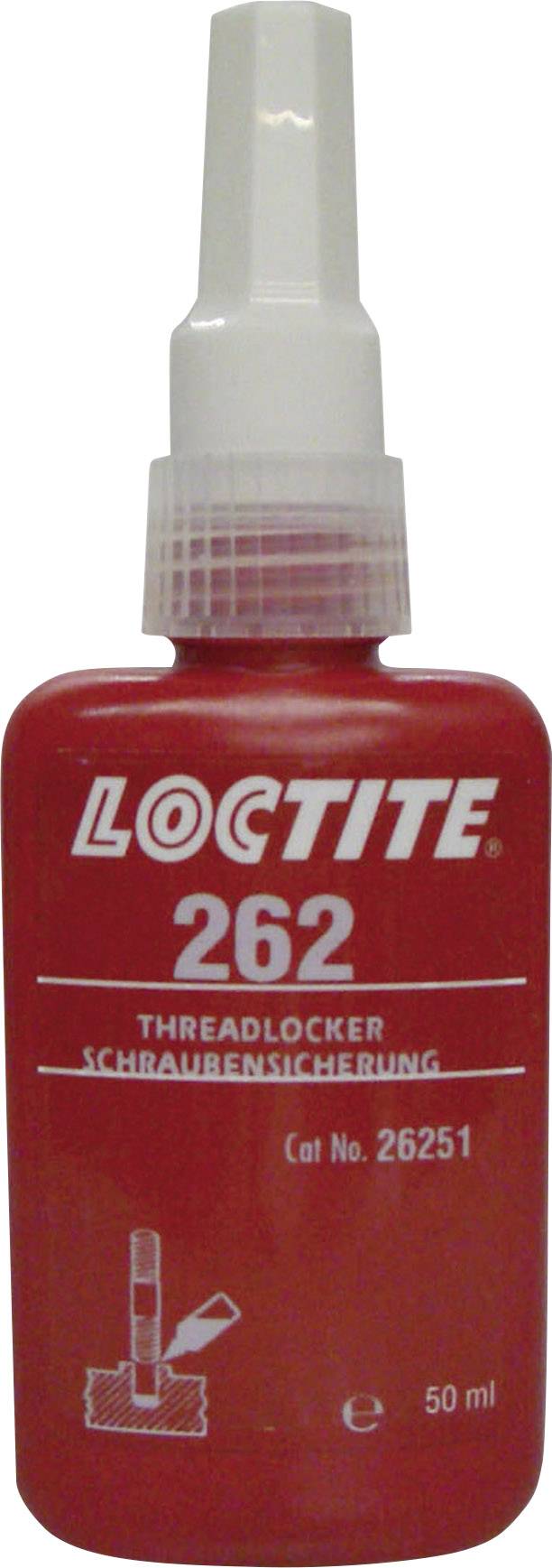 Rote Flasche mit Schraubensicherung 'Loctite 262', 50 ml. Geeignet zum Sichern von Schrauben, um Lösen zu verhindern.