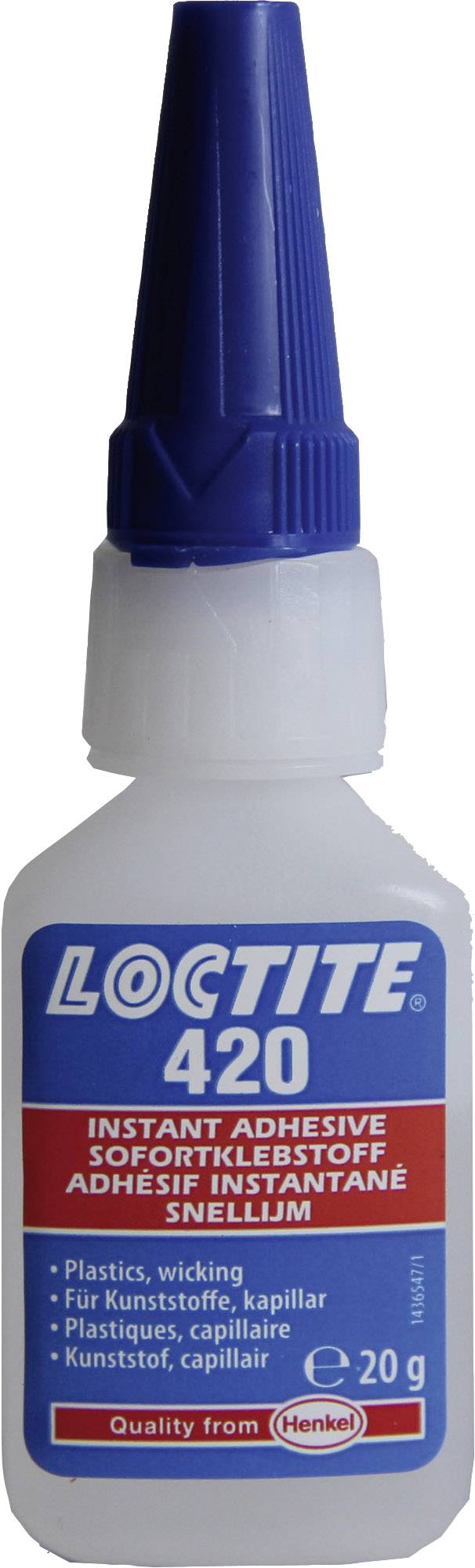 Eine 20g-Flasche Loctite 420 Sofortklebstoff mit blauer Kappe. Aufschrift: 'Instant Adhesive' und 'Quality from Henkel'.