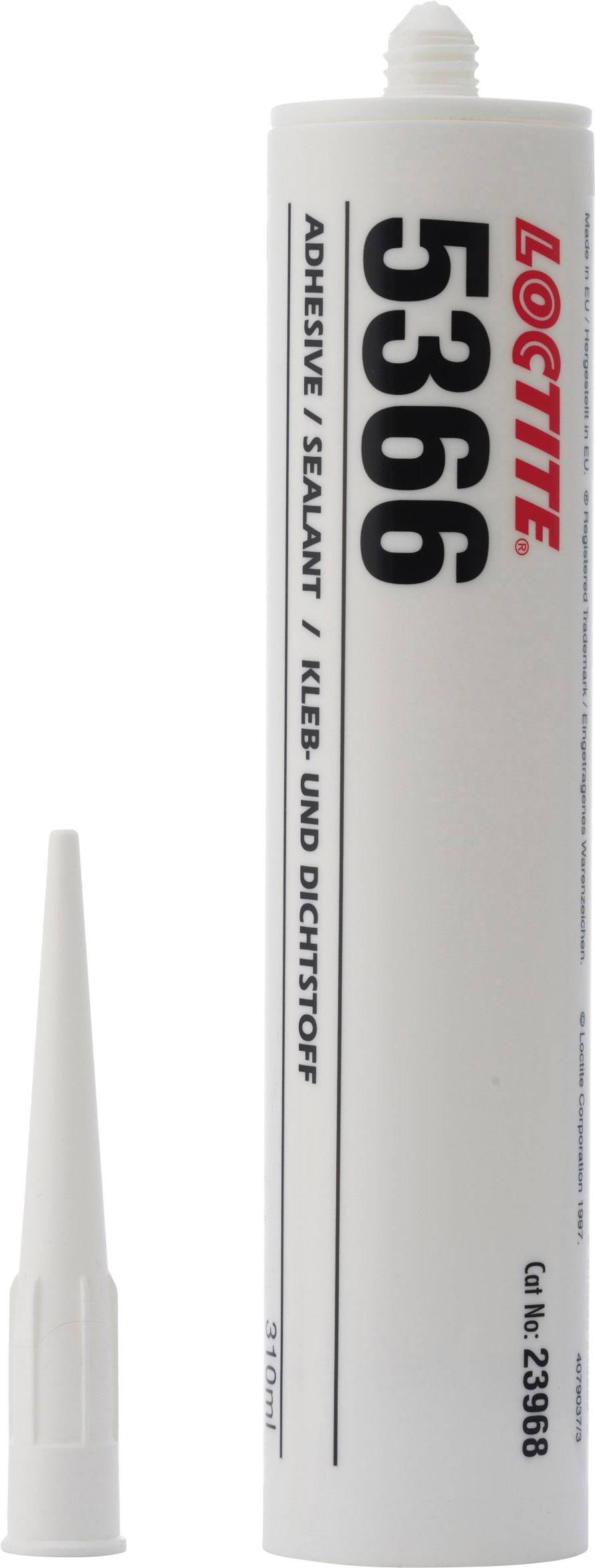 Eine weiße Kartusche mit Kleber/Dichtstoff der Marke Loctite, Modellnummer 5366. Die Kartusche enthält eine abnehmbare Spitze.