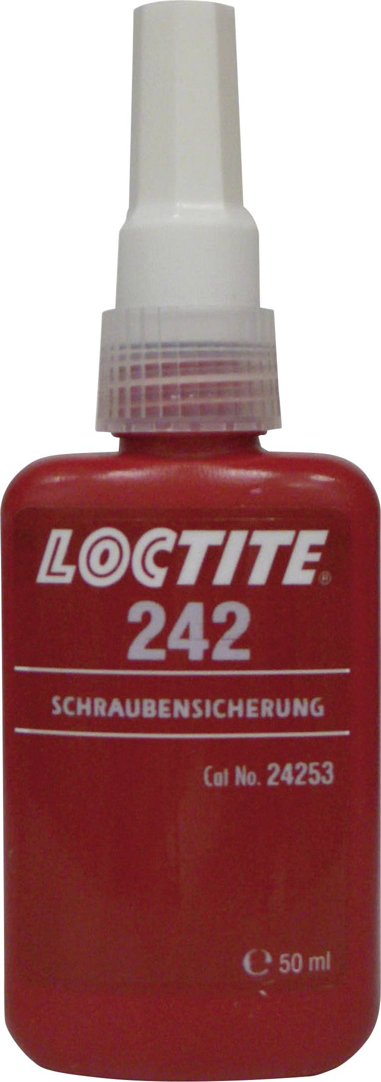 Rote Plastikflasche mit der Aufschrift 'LOCTITE 242 SCHRAUBENSICHERUNG'. Enthält 50 ml Flüssigkeit zur Sicherung von Schrauben.