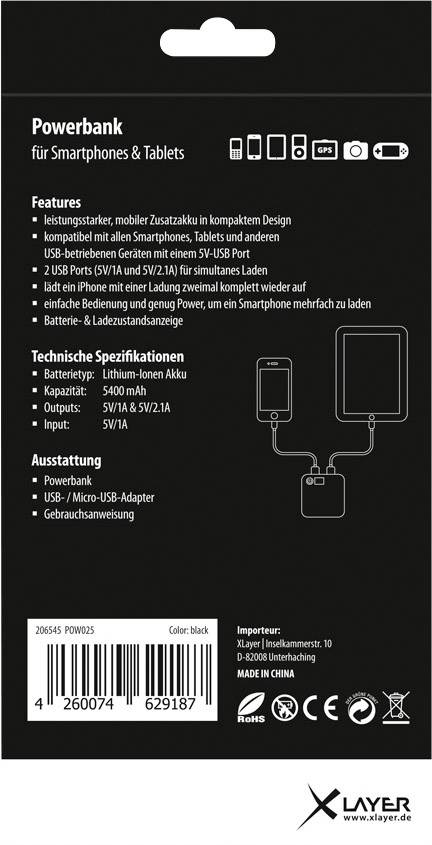 Xlayer Dual Load 6000 Powerbank 6000 mAh  Li-Ion  Schwarz