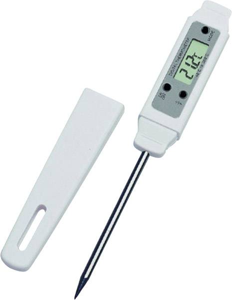 Digitales Küchenthermometer mit Metallsonde und abnehmbarer Kunststoffabdeckung zeigt eine Temperatur von 22,2 Grad Celsius an.