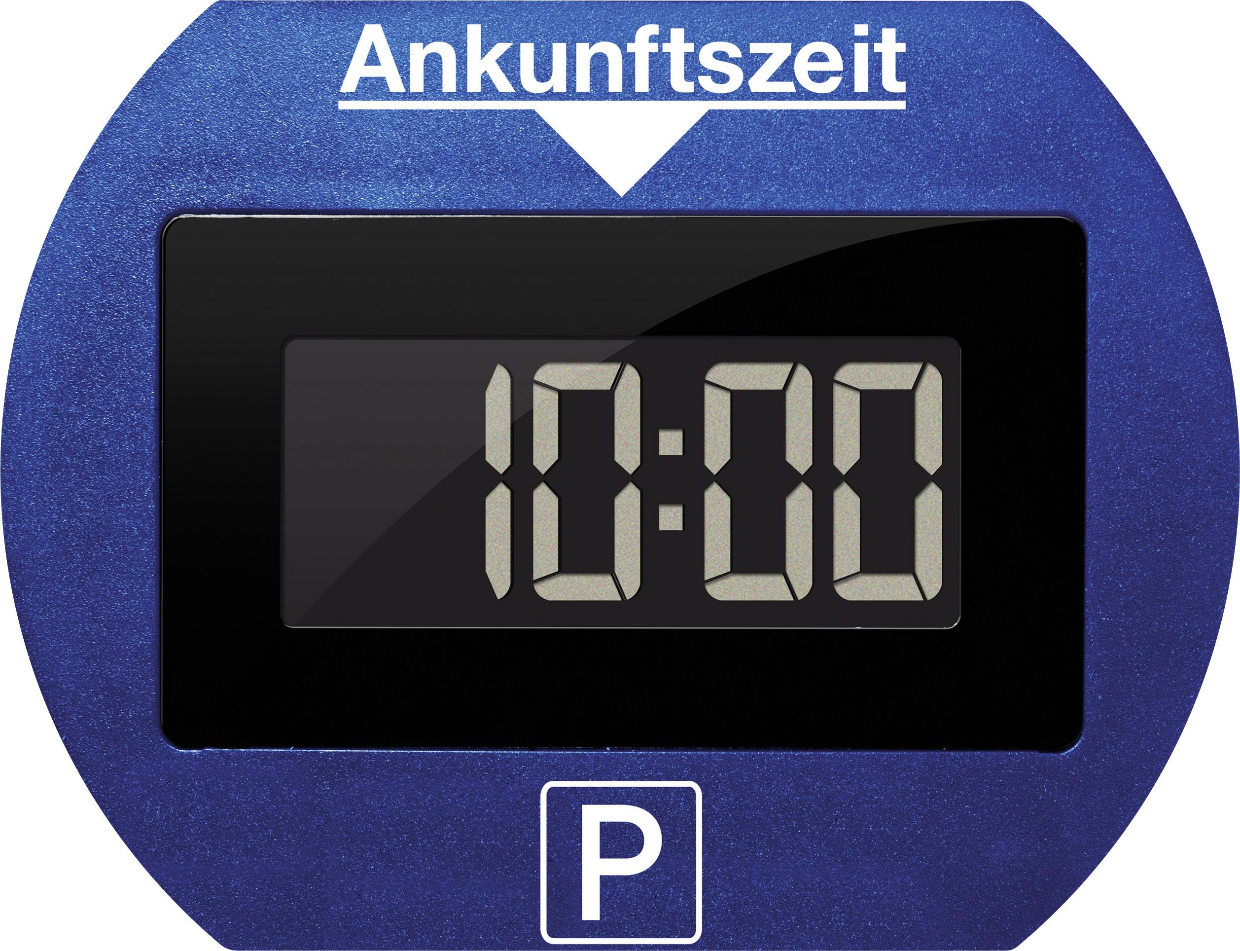 Blaue Parkscheibe mit digitaler Anzeige. Oben steht 'Ankunftszeit', die Uhrzeit zeigt 10:00. Unten ist ein weißes P-Symbol.