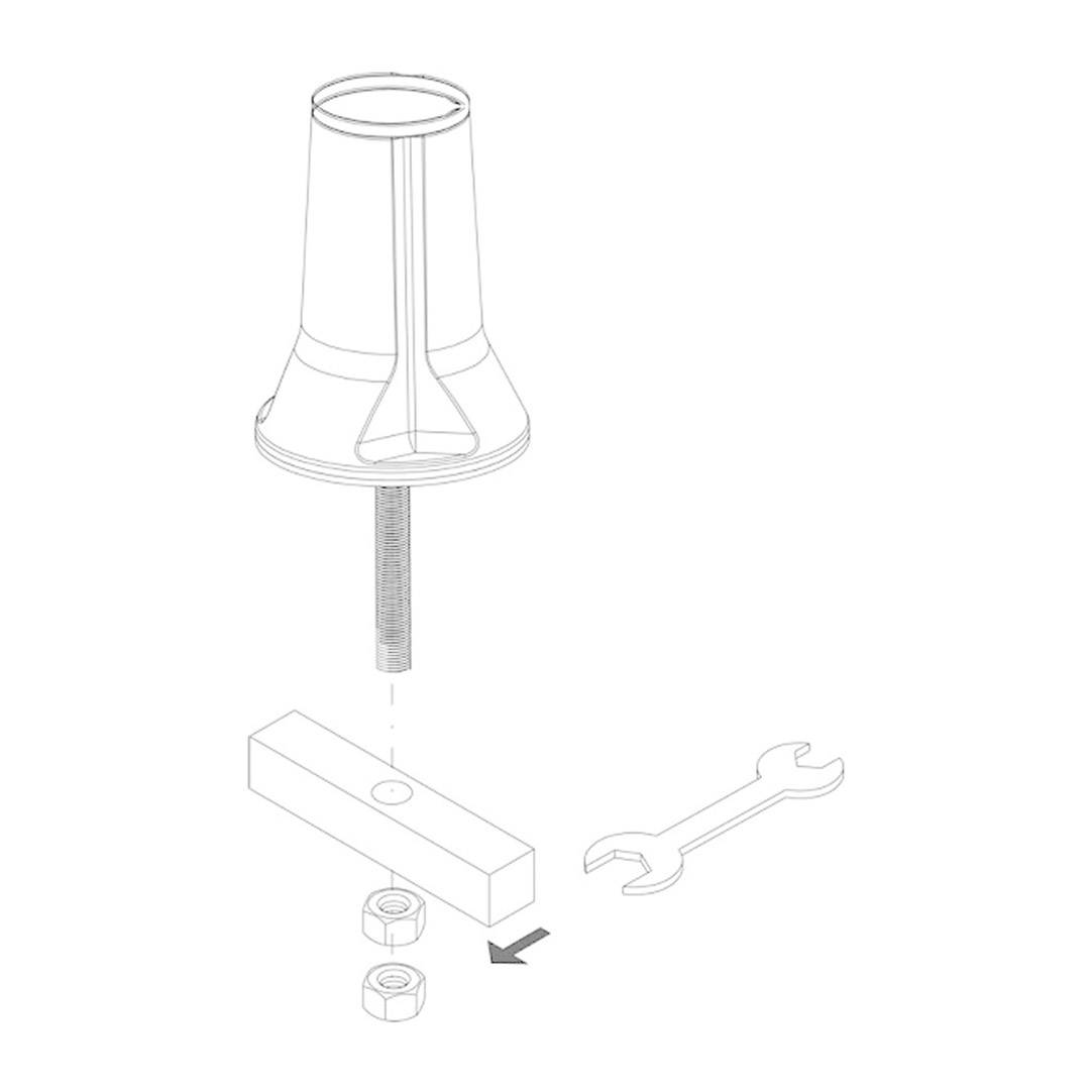 Illustration eines Montageprozesses: Lampe mit Schraube wird in den Sockel gedreht, daneben Schraubenschlüssel und Muttern.