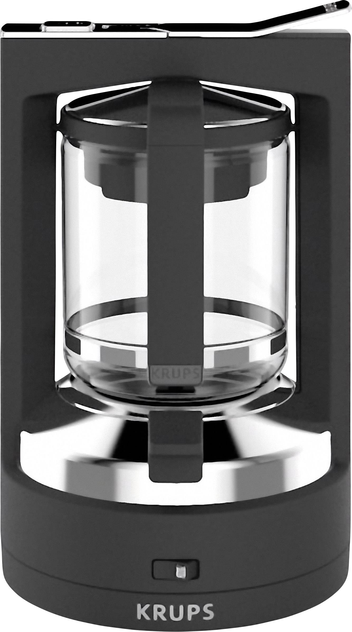 Elektrische Kaffeemühle in modernem Design, schwarz, mit transparenter Kaffeebohnenkammer und silbernem Sockel, Marke 'KRUPS'.