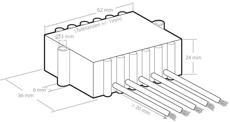 Technische Zeichnung eines rechteckigen elektronischen Bauteils mit Kabelanschlüssen, Abmessungen angegeben: 62x24x36 mm.