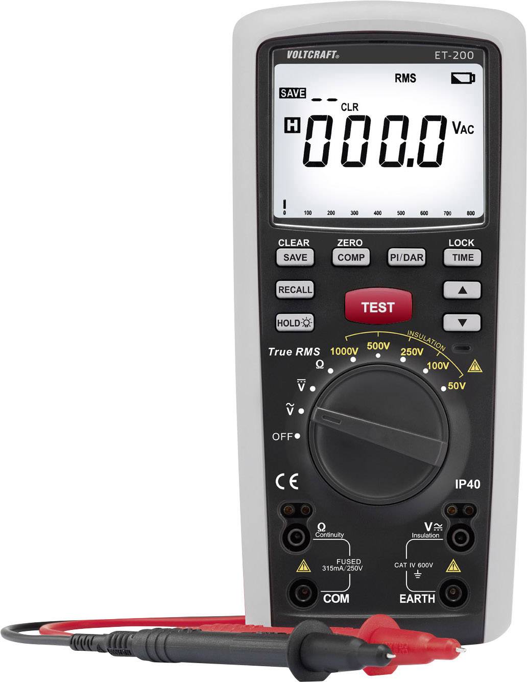 Digitales Multimeter mit großem Display, mehreren Funktionstasten und zwei Messleitungen. Gerät eignet sich zur Spannungs- und Widerstandsmessung.