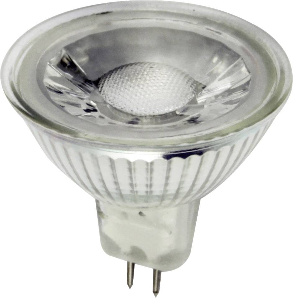 Halogen-Reflektorlampe mit zwei Metallstiften zur Befestigung. Sie hat eine transparente Glasoberfläche und eine reflektierende Innenseite.