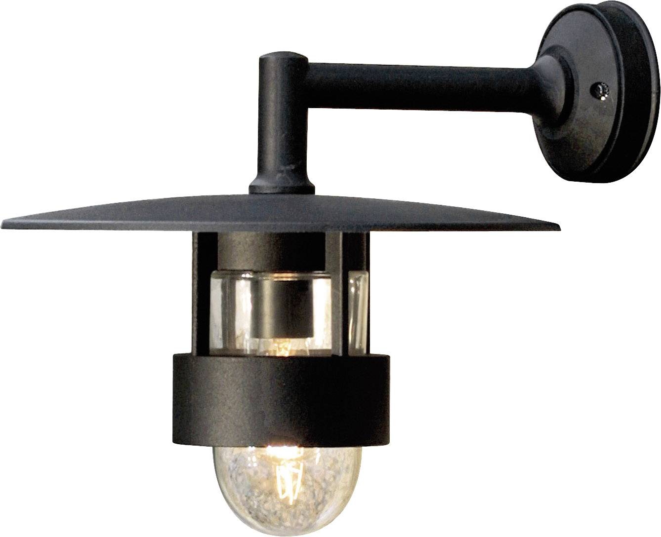 Schwarze Außenwandleuchte mit klarer Glaskuppel, die ein warmes Licht ausstrahlt. Ideal für die Beleuchtung von Eingängen oder Terrassen.