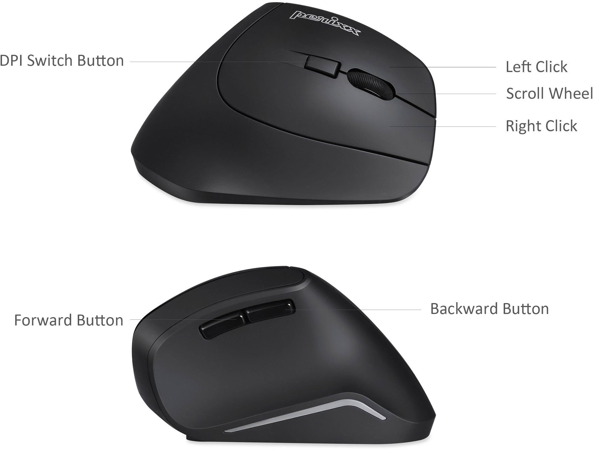 Perixx Perimice-715 II Ergonomische Maus Funk Optisch Schwarz 5 Tasten 2000 dpi Ergonomisch