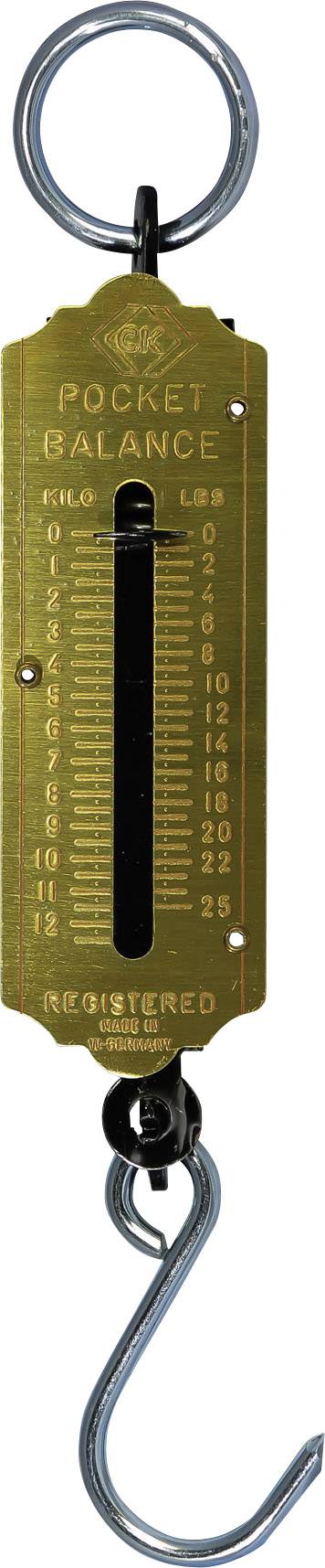 Eine goldene Federwaage mit Haken, die Gewichte in Kilogramm und Pfund anzeigt.