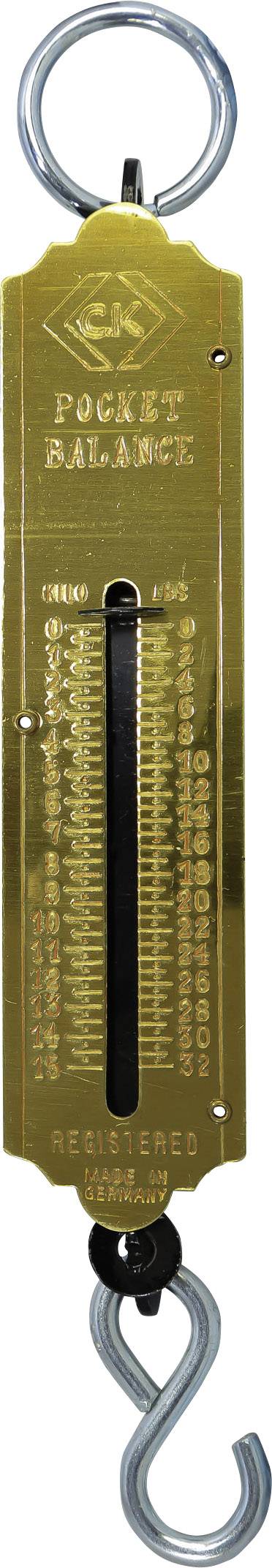Eine goldene Taschenwaage mit Skala in Gramm und Kilogramm. Oben ein Ring, unten ein Haken.