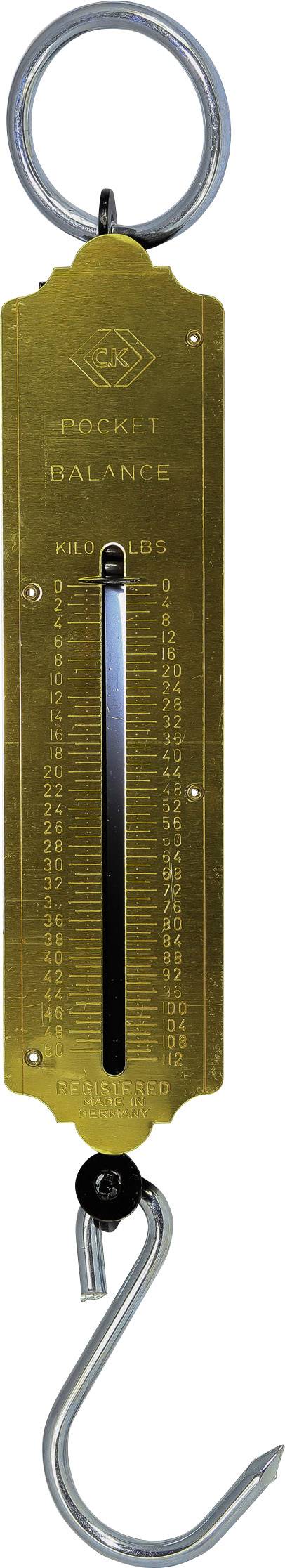 Goldene Federwaage mit Haken, zeigt Gewicht in Kilogramm und Pfund.