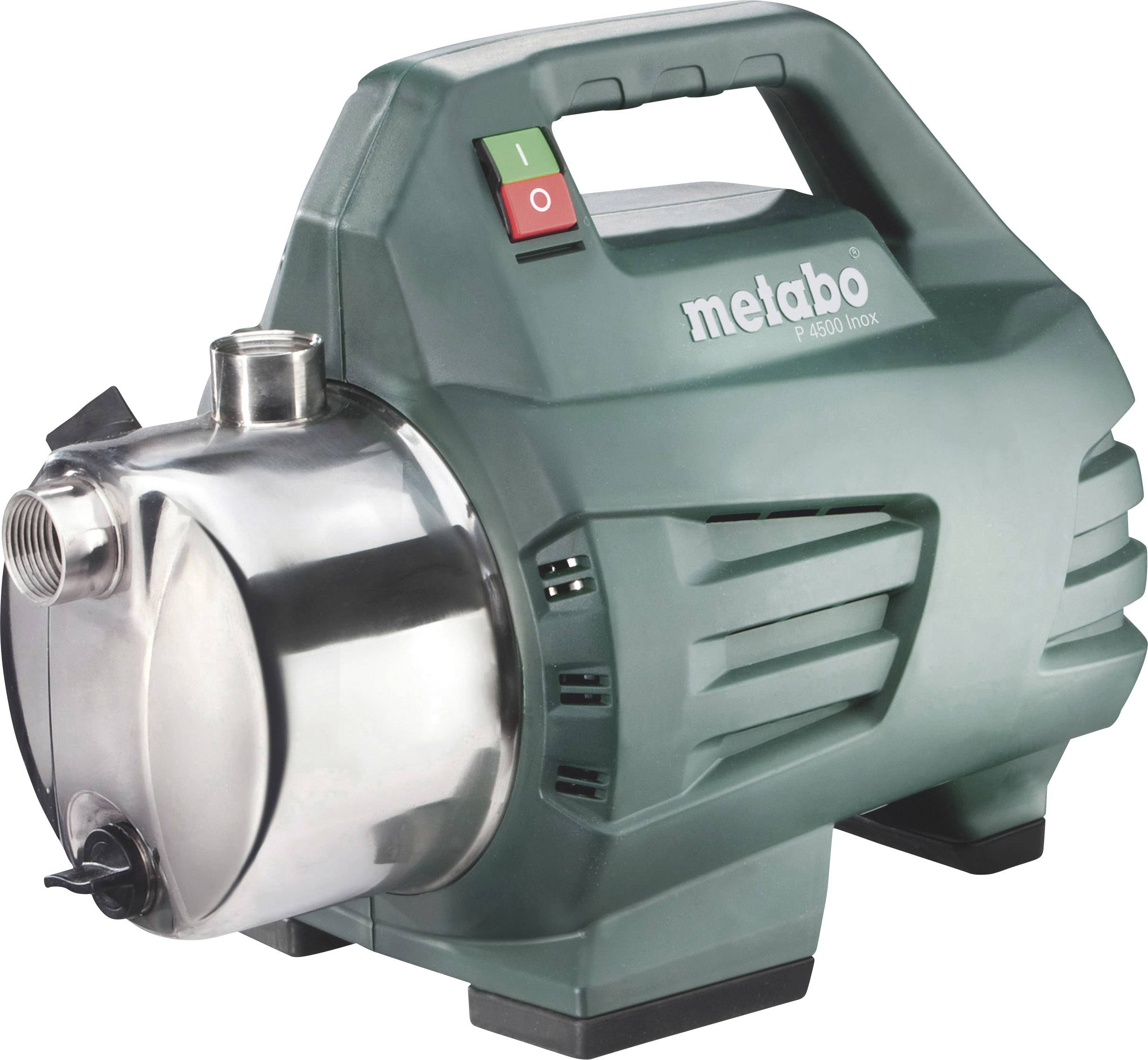 Grüne Wasserpumpe mit Edelstahlgehäuse und rotem/grünem Schalter, markiert mit 'metabo' und Modellnummer.