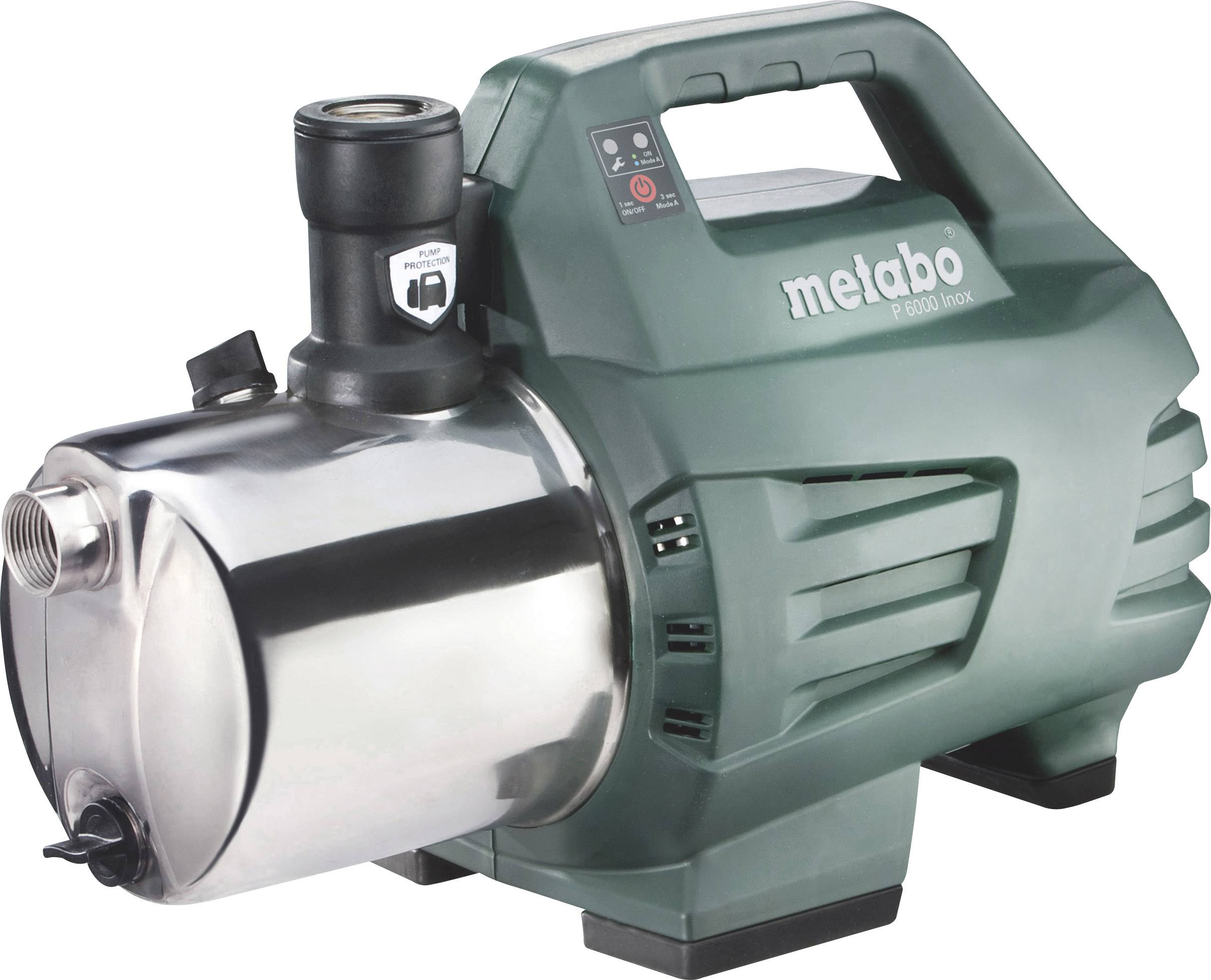 Grüne Wasserpumpe von Metabo mit metallic-silbernem Zylinder, geeignet für Industriezwecke. Model 'P 6000 Inox'.