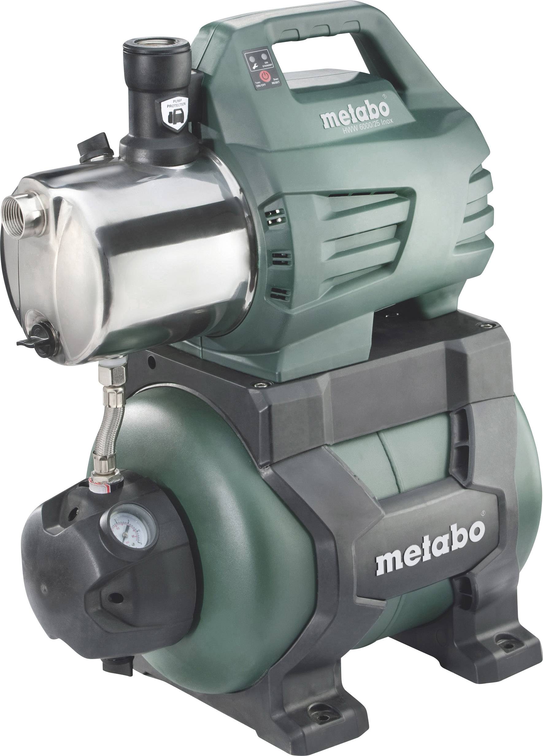 Eine grüne Wasserpumpe der Marke Metabo, mit silbernen Elementen und Manometer, steht auf einem schwarzen Sockel.