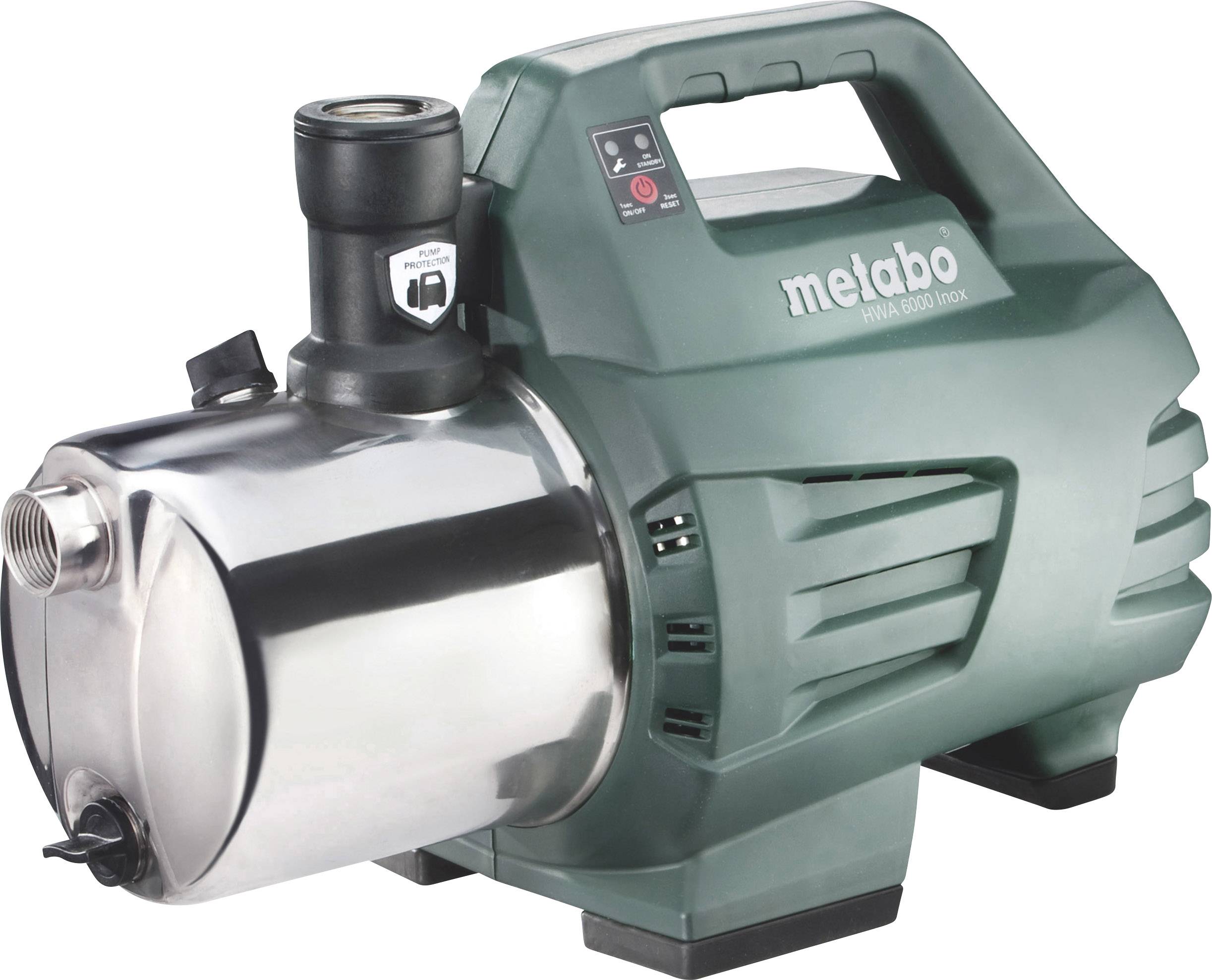 Metabo Gartenpumpe, Modell P 4000 G, in grünem Gehäuse mit Edelstahl-Mittelsektion und seitlichem Wasseranschluss.