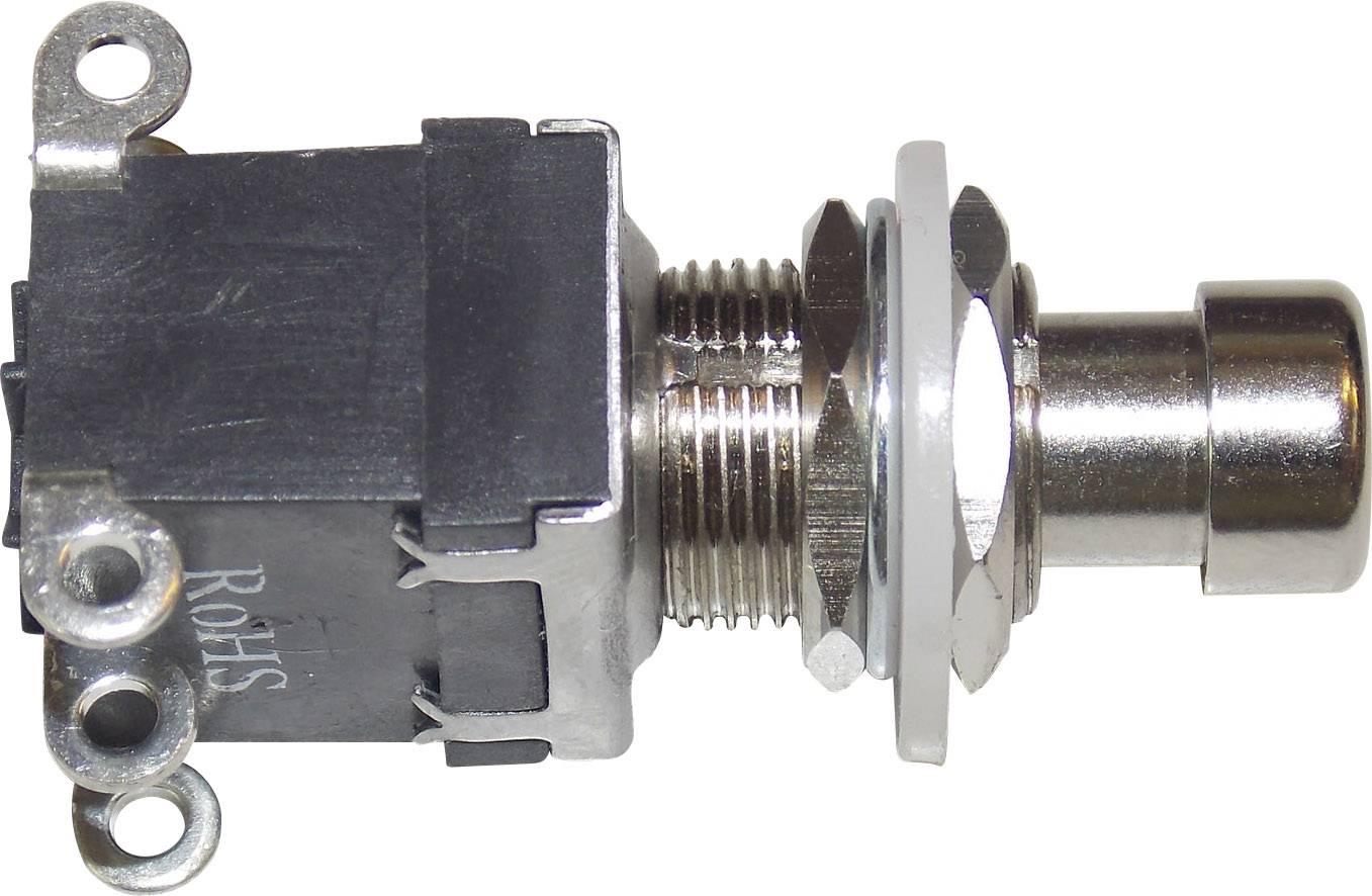 Metallischer Fußschalter mit schwarzem Kunststoffgehäuse und drei Lötanschlüssen.