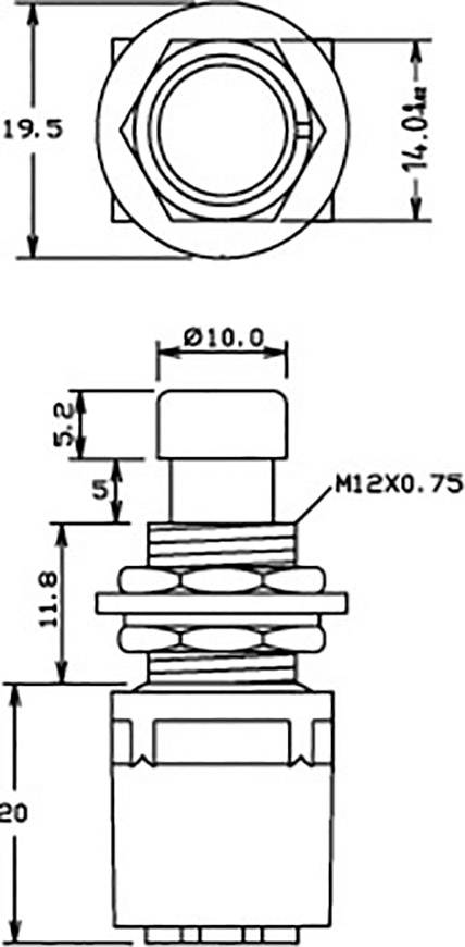 Technische Zeichnung eines zylindrischen Schalters mit Abmessungen: Gesamtlänge 35 mm, Durchmesser 10 mm, M12-Gewinde.