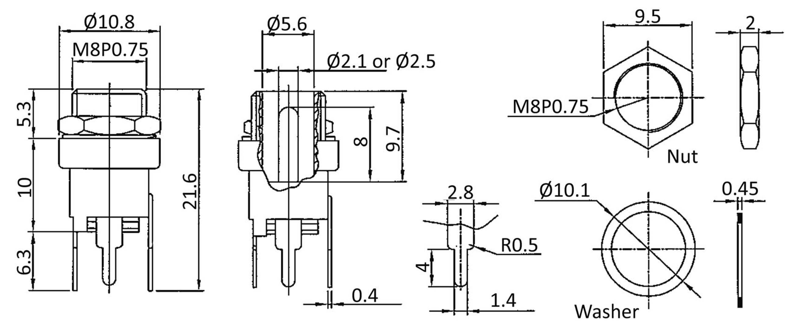 Econ Connect DCE5AP Niedervolt-Steckverbinder Chassisbuchse, gerade 2.1mm