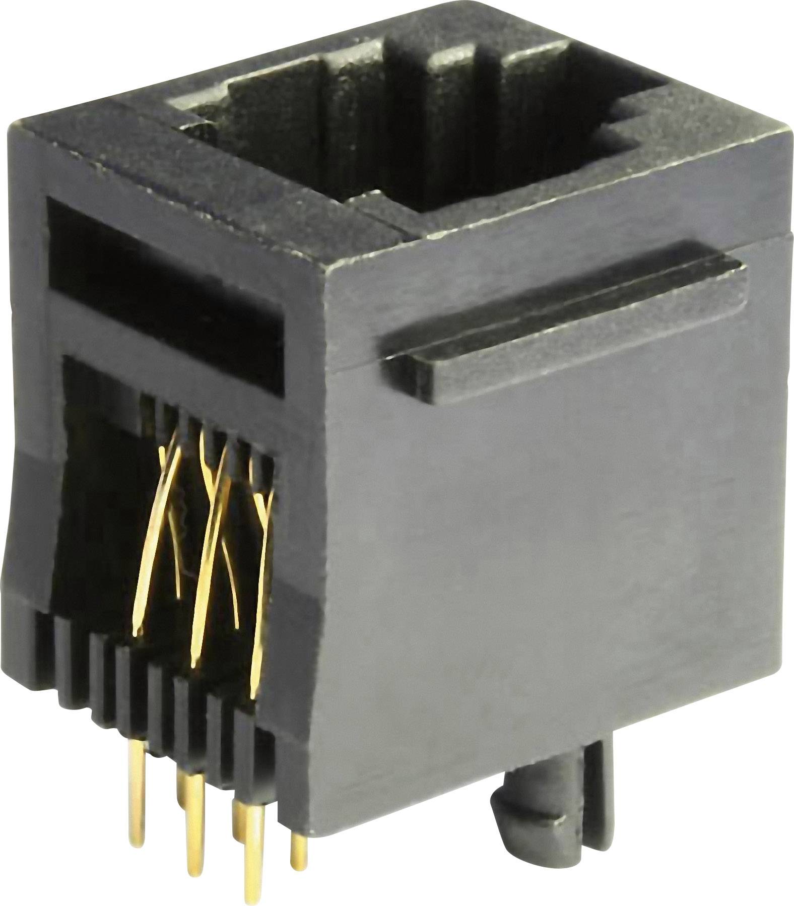 Ein schwarzer RJ45-Steckverbinder mit mehreren goldenen Kupferkontakten. Geeignet für Ethernet-Verbindungen in Netzwerkanwendungen.