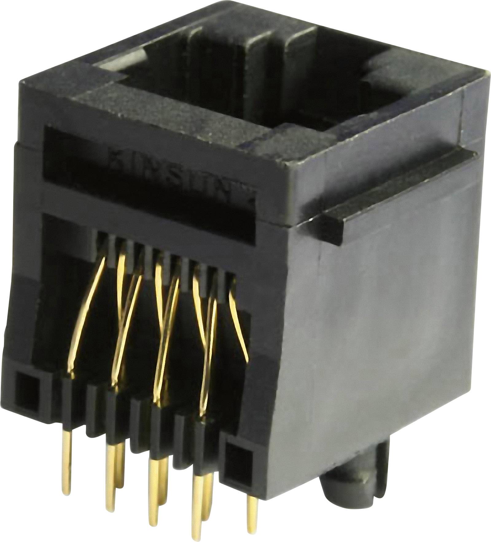 Schwarze RJ45 Buchse mit acht Goldpins zur Datenübertragung. Verwendet in Netzwerken für Ethernet-Verbindungen.