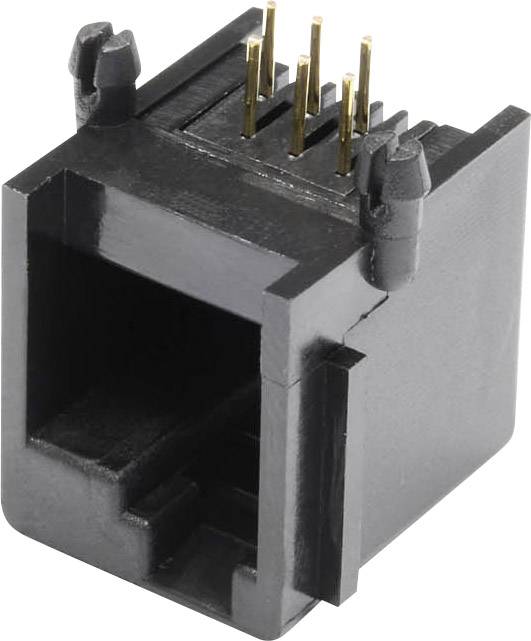 Schwarzer RJ45-Anschlussstecker mit Metallkontakten, wird häufig für Ethernet-Verbindungen in Netzwerken verwendet.