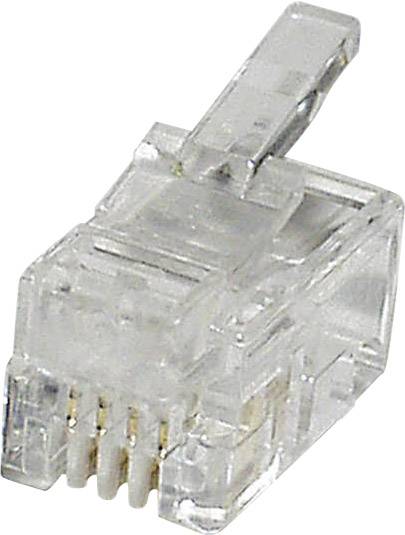 Ein Nahaufnahmebild eines durchsichtigen, fünfpinnigen RJ45-Steckers, der für Ethernet-Netzwerkverbindungen verwendet wird.