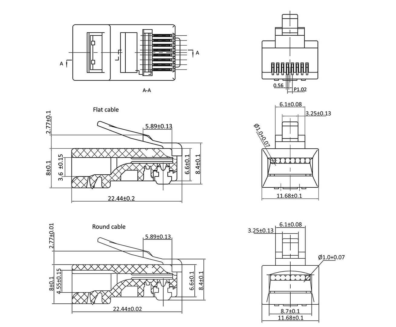 Zeichnung eines modularen Steckverbinders mit Maßen und Querschnitten für Flach- und Rundkabel. Verschiedene Ansichten und Detailmaße.