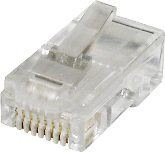 Ein durchsichtiger RJ45-Stecker für Netzwerkkabel, Ansicht von oben.