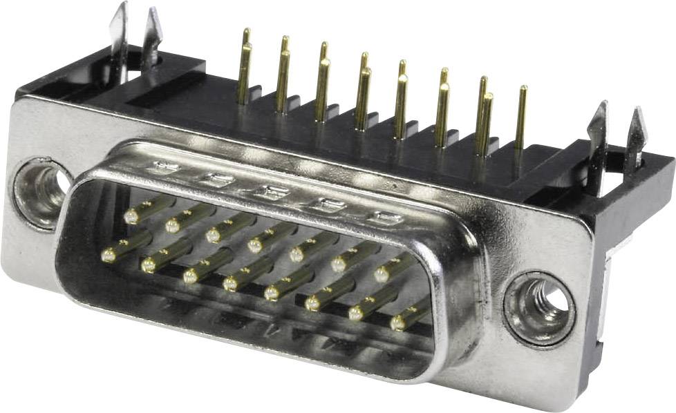 Ein DB25-Stecker mit 25 Metallstiften und zwei Befestigungslöchern an den Seiten, verwendet für serielle und parallele Schnittstellen.