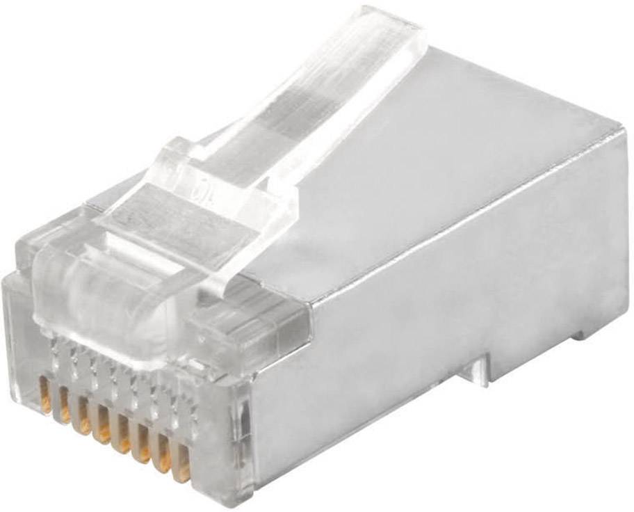 Ein durchsichtiger RJ45-Stecker, verwendet für Ethernet-Netzwerkverbindungen, mit goldenen Kontaktstiften sichtbar.