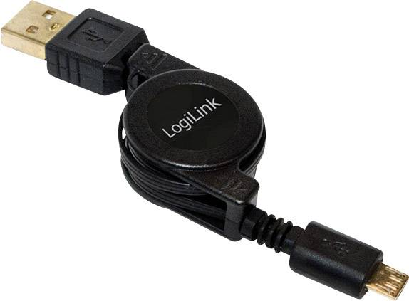 Ein ausziehbares USB-Kabel mit einem Micro-USB-Anschluss auf der einen und einem Standard-USB-A-Anschluss auf der anderen Seite. Markenname 'LogiLink' sichtbar.