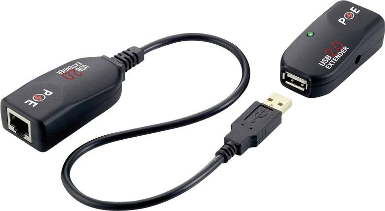 Ein USB 2.0 Extender-Kit mit PoE-Unterstützung. Links ist der Adapter mit Ethernet-Anschluss, rechts der mit USB-Anschluss verbunden durch ein Kabel.