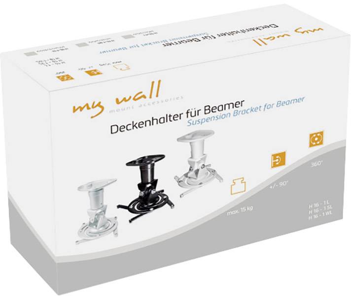 Karton mit der Aufschrift 'Deckenhalter für Beamer'. Darauf abgebildet sind drei verschiedene Modelle von Beamer-Deckenhalterungen.