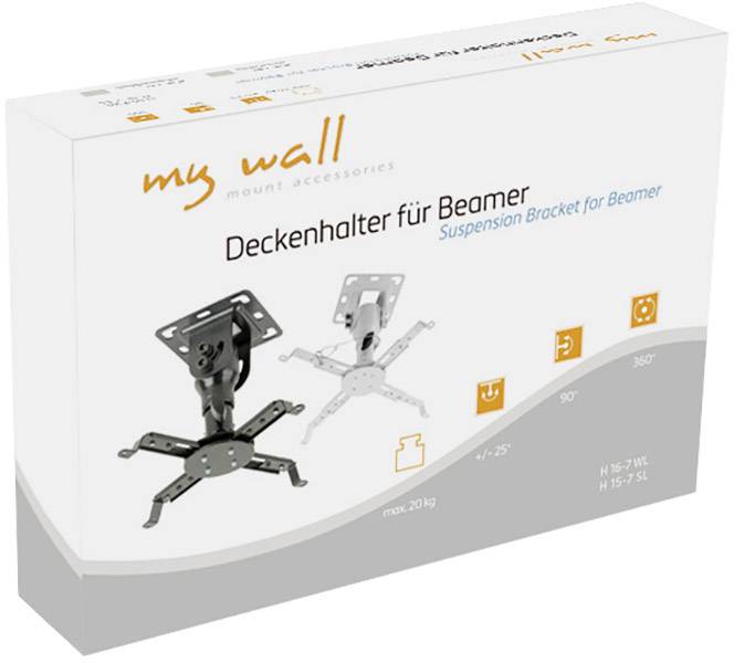 Deckenhalterung für Beamer von 'my wall', zeigt zwei Montagemöglichkeiten, belastbar bis 20 kg, mit Neigungs- und Drehfunktion.