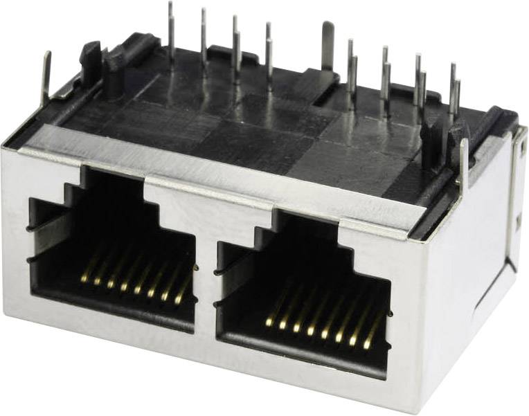 Zwei RJ45-Ethernet-Ports nebeneinander in einem Metallgehäuse, geeignet für Netzwerkverbindungen.