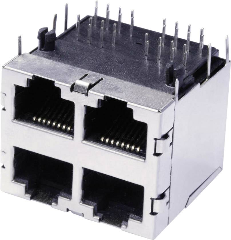 Ein quadratisches Metallgehäuse mit vier nebeneinander angeordneten Ethernet-Anschlüssen und mehreren Pins an der Oberseite.