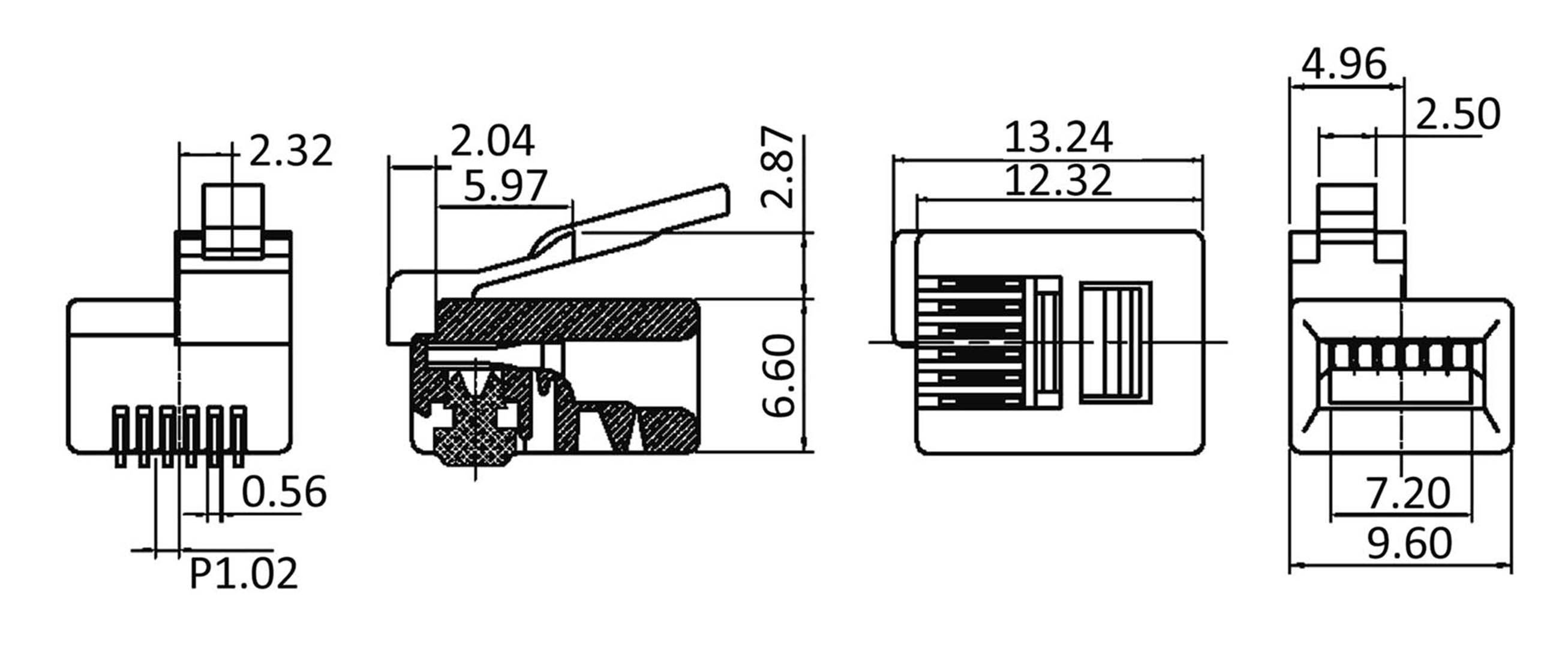 Technische Zeichnung eines modularen Steckverbinders mit verschiedenen Ansichten, Maßen und Details zur Struktur und Anschlussmöglichkeiten.