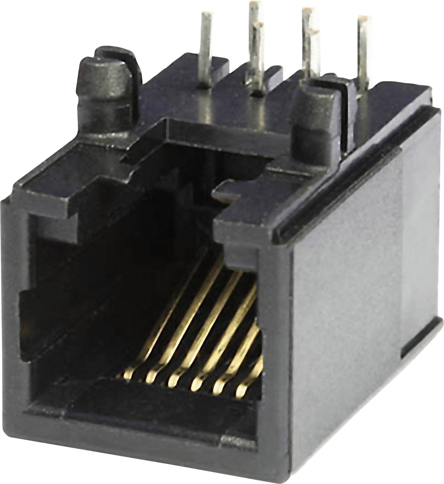 Ein schwarzer RJ45-Netzwerkanschluss-Steckplatz mit goldfarbenen Kontakten und sichtbaren Metallpins oben.