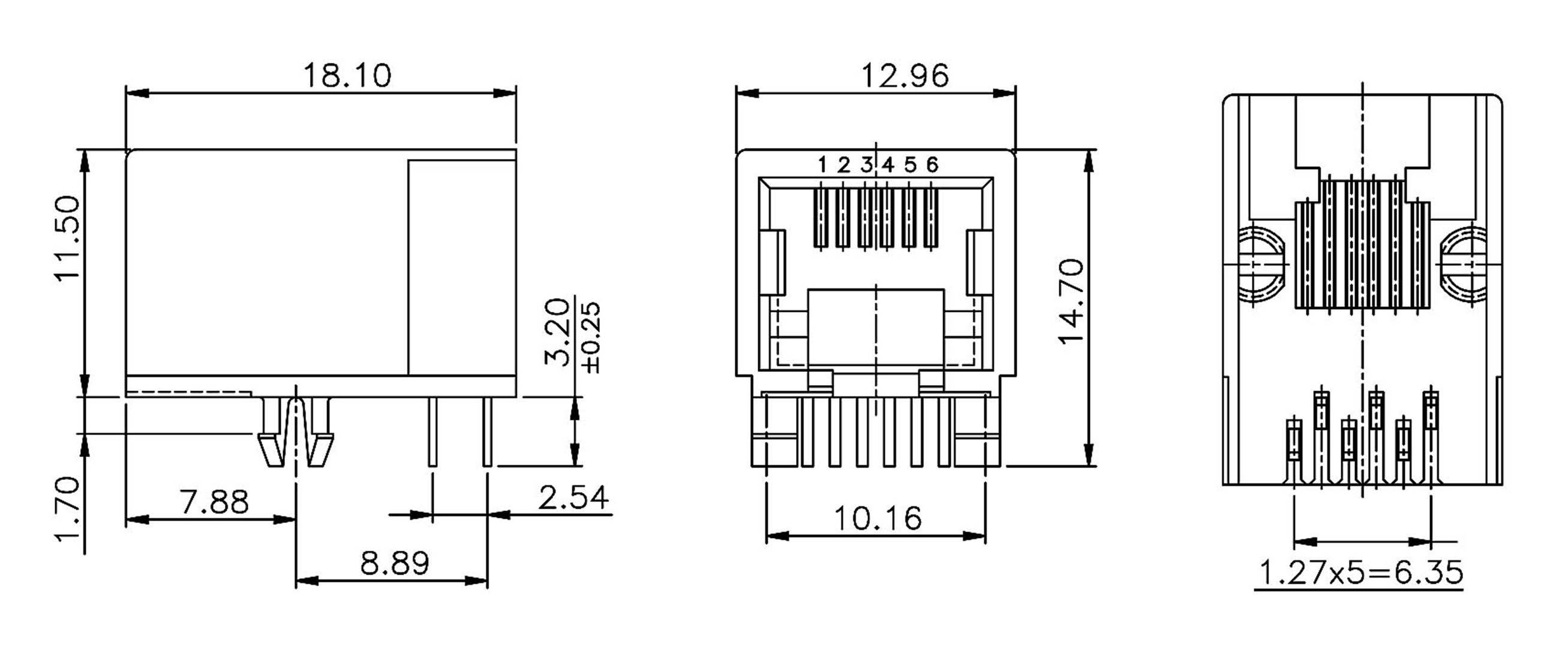Diagramm einer rechteckigen elektronischen Komponente mit Pinbelegung. Zeigt Front- und Seitenansicht, Dimensionen in Millimetern.