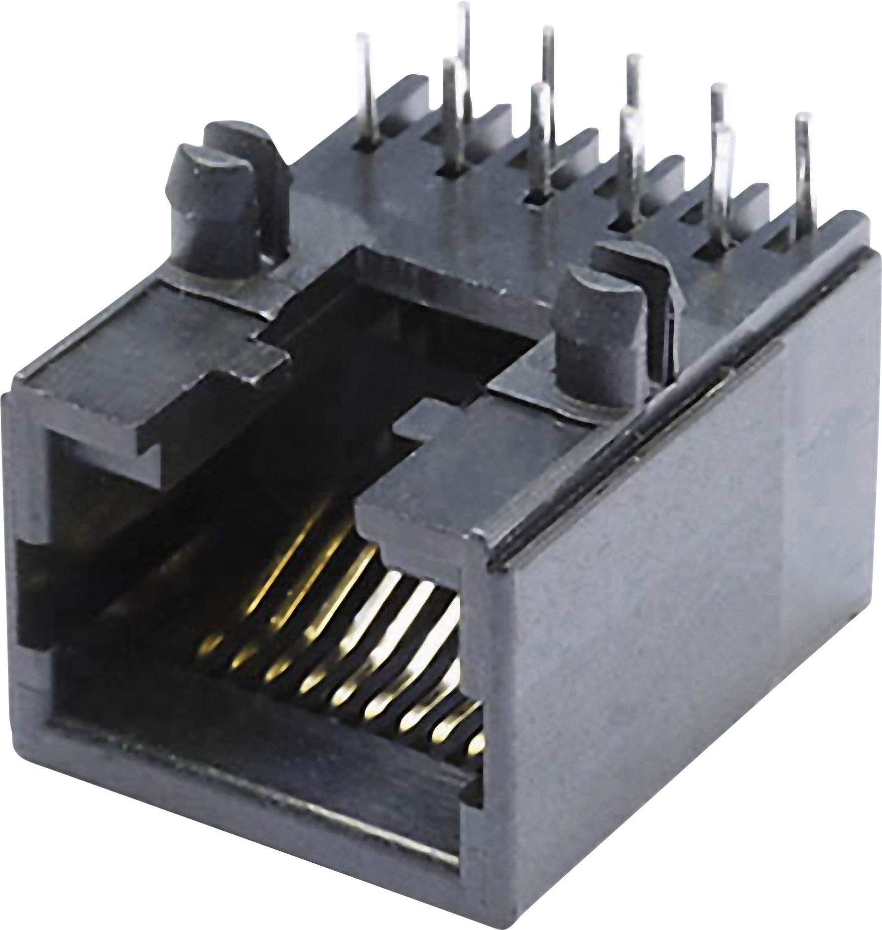 Ein Ethernet-Buchse mit acht Metallstiften, geeignet für Netzwerkverbindungen. Vorderansicht zeigt die Anschlussöffnungen.