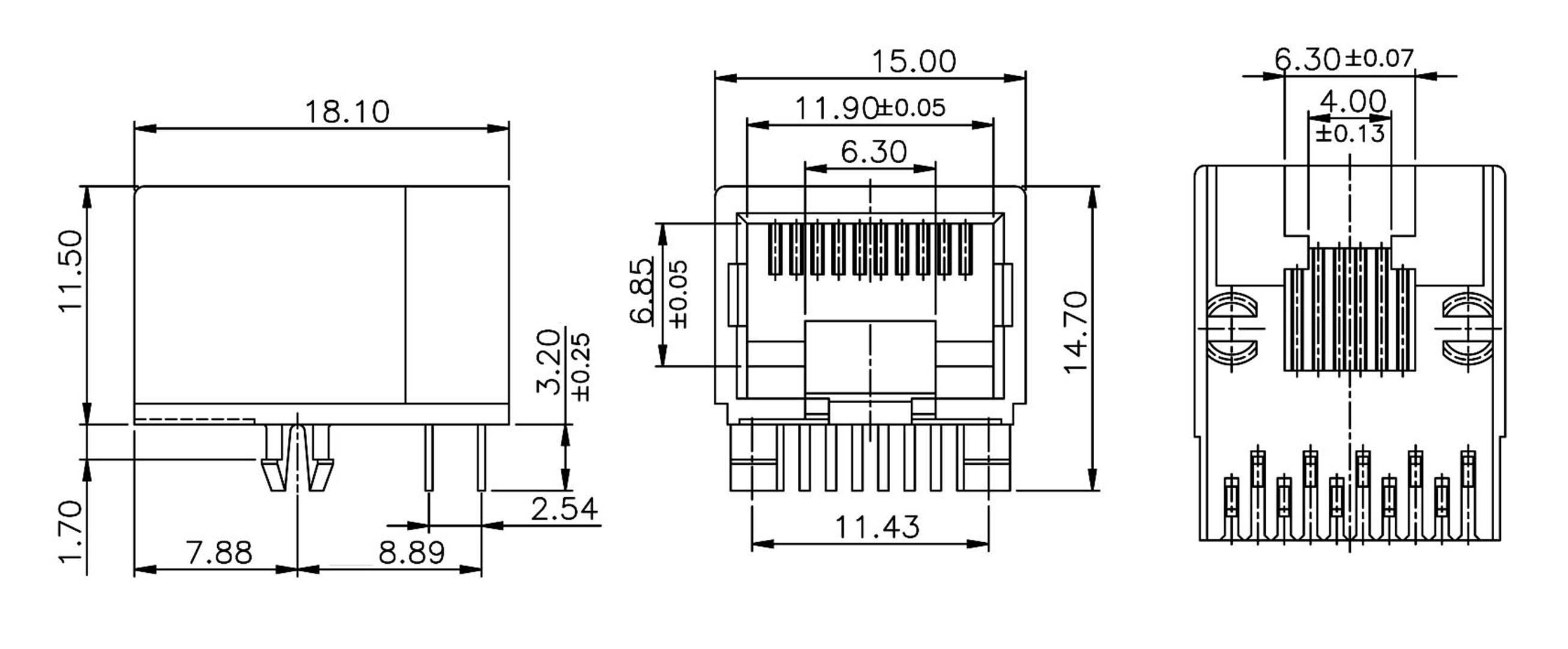 Steckverbinder, technische Zeichnung mit Abmessungen: Breite 18,10 mm, Höhe 14,70 mm, Tiefe 11,90 mm, Details zu Steckkontakten.