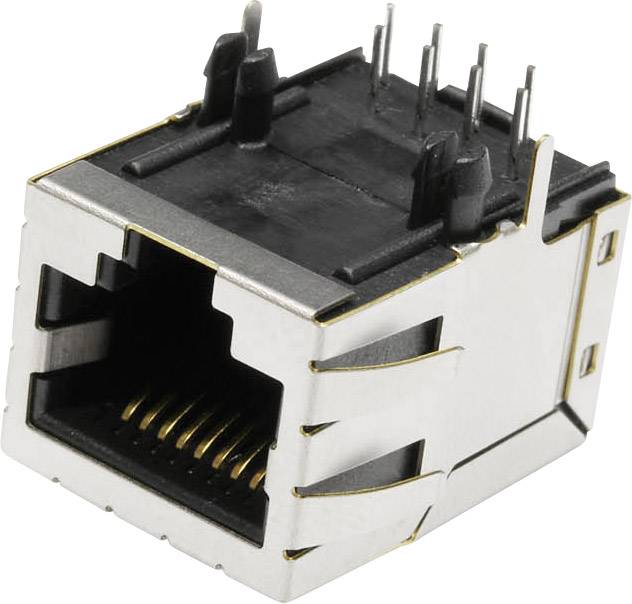 Eine RJ45-Buchse, typisch für Ethernet-Verbindungen, mit acht Metallkontakten und Befestigungsstiften, in einer Metallhülle.