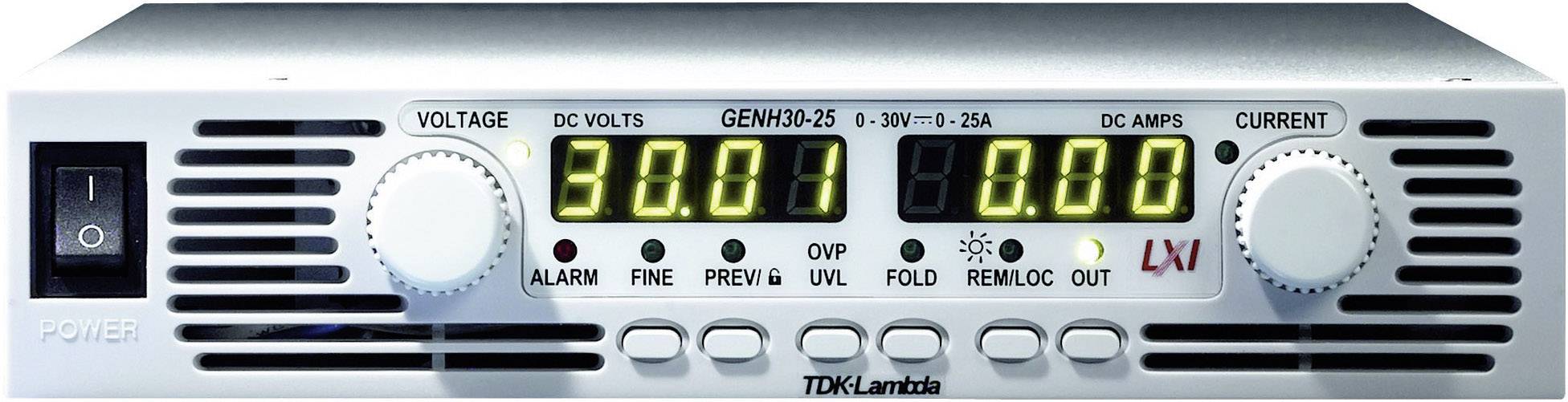 Netzteil mit digitaler Anzeige zeigt 30,01 Volt und 0 Ampere. Links Schalter auf 'Power'. Markenname unten: TDK Lambda.