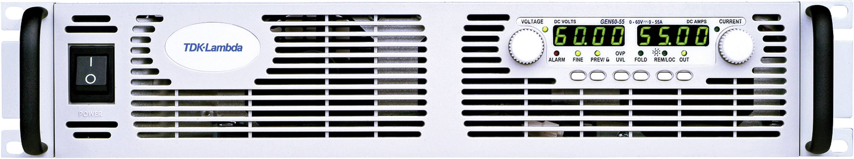 Ein TDK-Lambda-Netzteil mit Bedienelementen, zwei digitalen Anzeigen für Spannung und Stromstärke; Anzeige zeigt '60.00 V' und '55.00 A'.