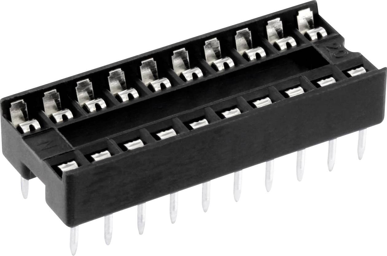 Schwarzer IC-Sockel mit 16 Metallkontakten, verwendet zum sicheren Platzieren von integrierten Schaltkreisen auf Leiterplatten.