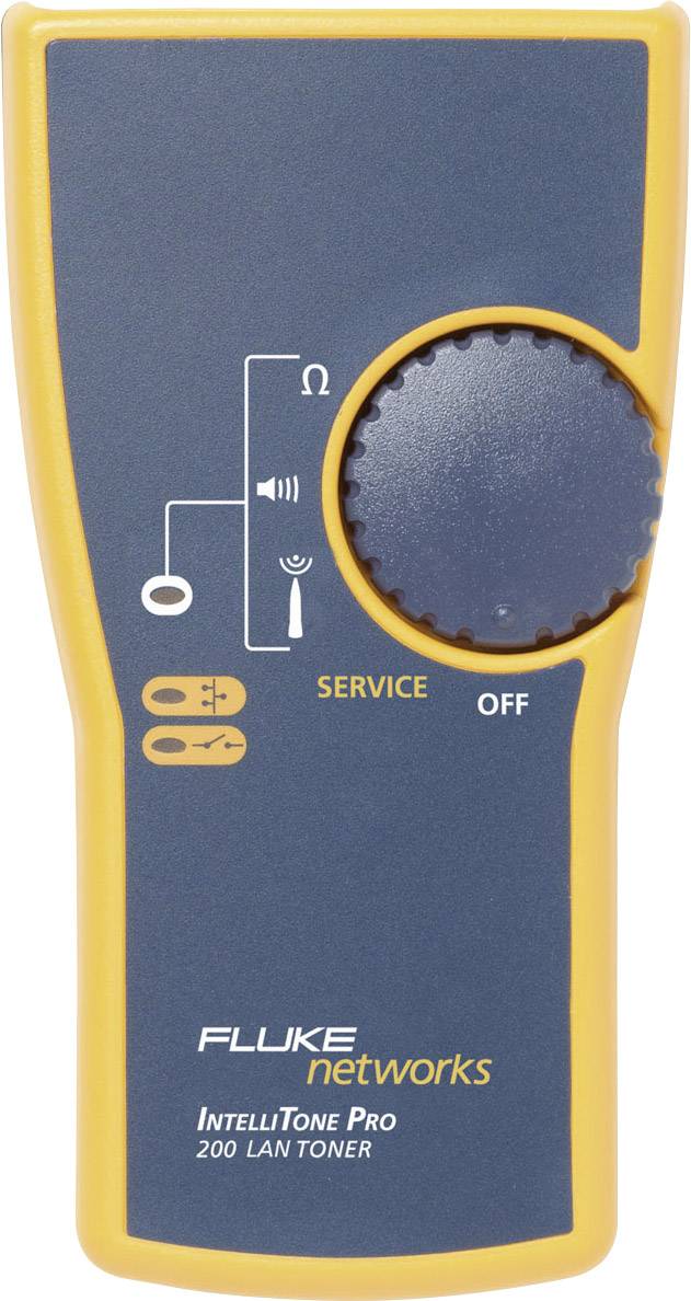 Handgerät zur Kabelverfolgung von Fluke Networks, Modell IntelliTone Pro 200 LAN Toner, grau-gelbes Design, Drehknopf zur Bedienung.